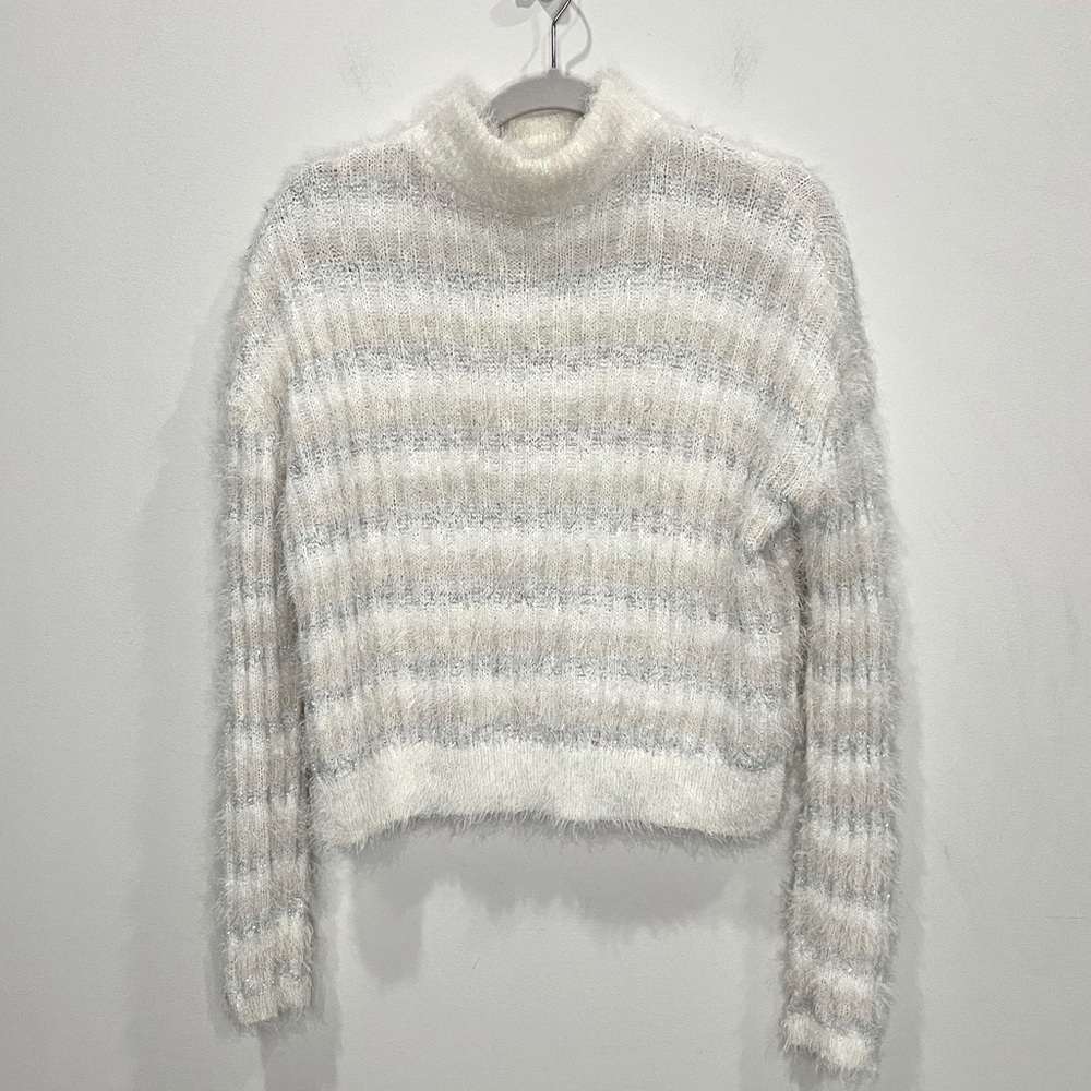 Candie’s Y2K Faux Mohair Striped Mockneck Boxy Sweater Women’s Sz M Metallic - Picture 1 of 4